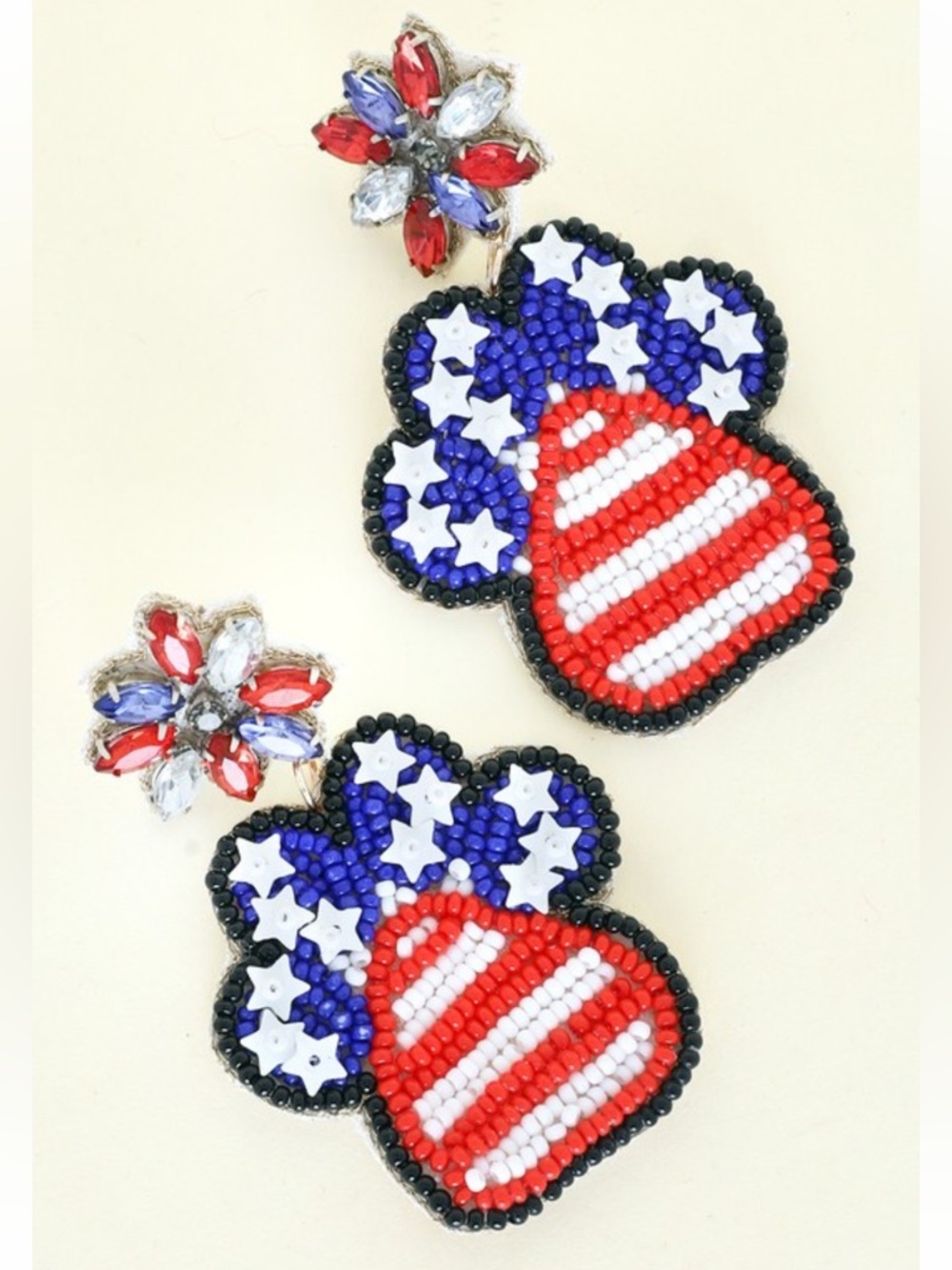 2028. Patriotic beaded paw jeweled earrings.